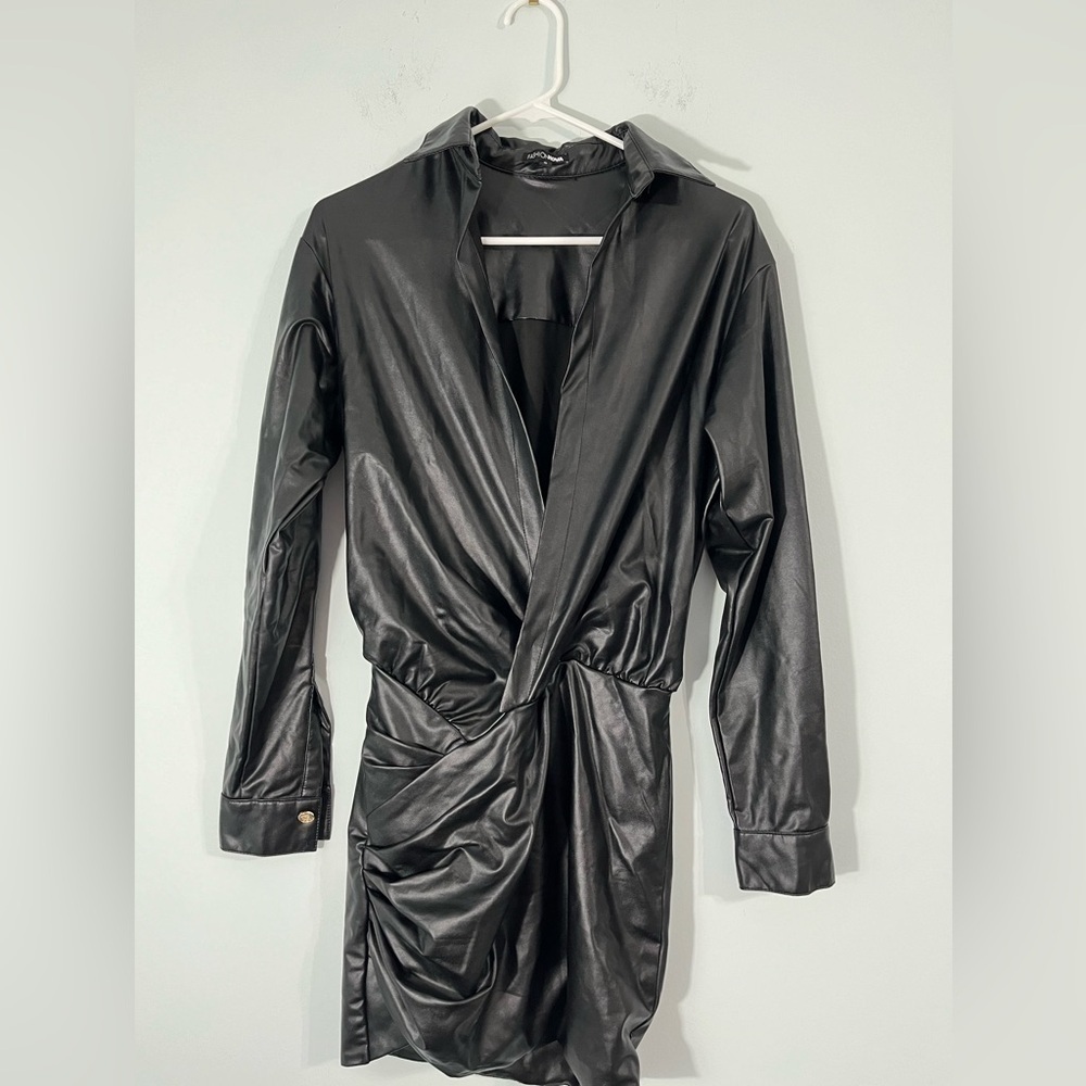 Fashion Nova Black Pleather Mini Dress. Deep V-Neck Long Sleeves. Size Small.